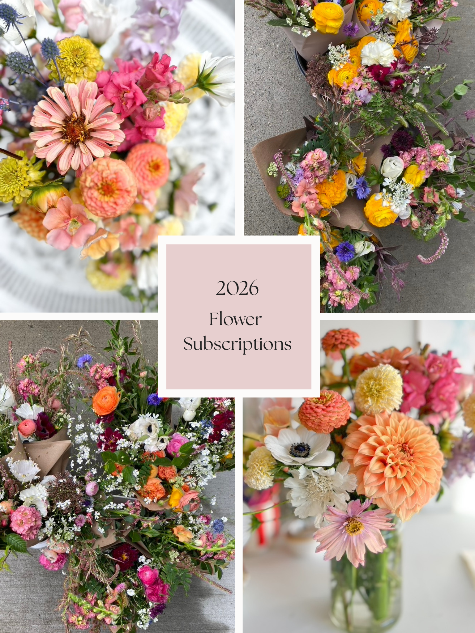 Collage of various floral arrangements with a '2026 Flower Subscriptions' text overlay.